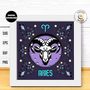 Caixa de sombra do signo do zodíaco de Áries 3D - Signos astrológicos 3D SVG Caixa de sombra multicamadas modelo de horóscopo astrológico para Cricut Silhouette