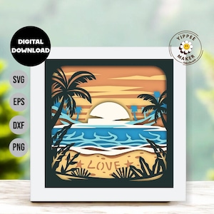 3D love beach Shadow Box - warstwowy projekt Cricut na Walentynki Prezent rocznicowy Dekoracja na Walentynki Kocham Cię SVG Kwiatowy