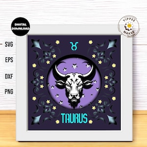 Caja de sombras con el signo zodiacal Tauro en 3D - Plantilla de horóscopo astrológico multicapa con caja de sombras SVG en 3D de signos astrológicos para Cricut Silhouette