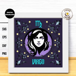 Caixa de sombra do signo do zodíaco de Virgem 3D - Signos astrológicos 3D SVG Caixa de sombra multicamadas modelo de horóscopo astrológico para Cricut Silhouette