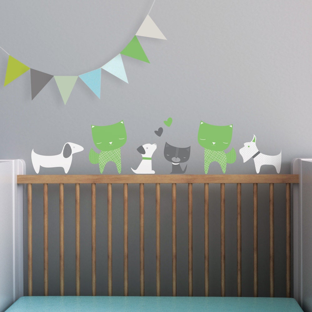 Dog Wall Decal Kids Wall Decal Cats Wall Decal Green Cat Etsy