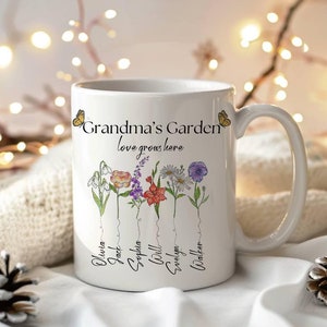 Grandmas Garden Gifts With Grandkids Names, Family Name Watercolor Flowers Personalized Mug, Unique Mother&#39;s Day Gift for Grandma, Nana&#39;s