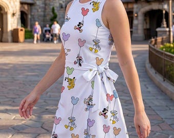 Colorful Disney Friends Balloon Tennis Dress, Mickey Minnie Daisy Donald Apparel Disney Trip Sleeveless Dress