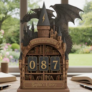 May include: A wooden bookshelf-shaped book counter with a dragon and castle design. The counter displays the number "087" and the text "BOOKS READ THIS YEAR" and "Sophia's Library". The color scheme includes shades of brown, gray, and black.