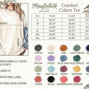 The image is a detailed illustration of a t-shirt design, including measurements, color swatches, and fabric details.