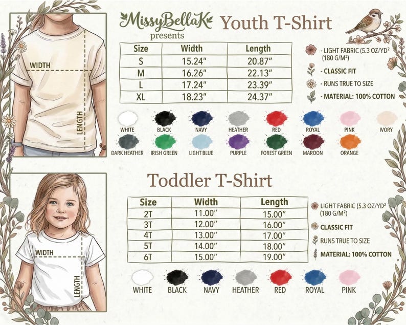 The image is a detailed illustration of a youth t-shirt, including measurements, color options, and a color swatch.