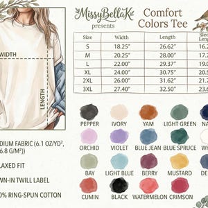 Op de afbeelding: Een Comfort Colors t-shirt maattabel met een illustratie van een t-shirt met breedte- en lengte-aanduidingen, een tabel met metrische maten in cm voor de maten S tot 3XL, en een kleurenpalet met twintig beschikbare kleuren voor de stof.