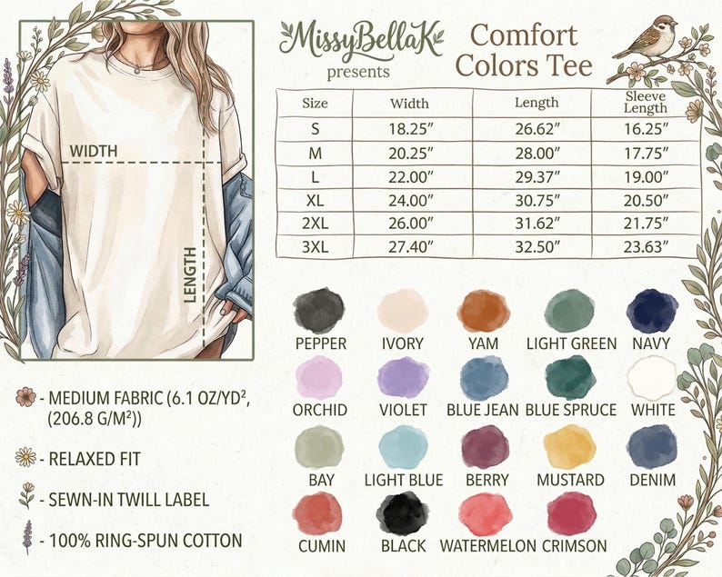 Op de afbeelding: Een Comfort Colors t-shirt maattabel met een illustratie van een t-shirt met breedte- en lengte-aanduidingen, een tabel met metrische maten in cm voor de maten S tot 3XL, en een kleurenpalet met twintig beschikbare kleuren voor de stof.