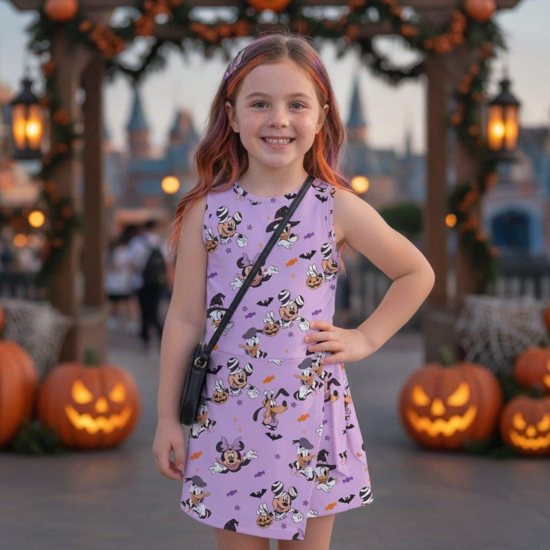 Może przedstawiać: Bezrękawnikowa sukienka w kolorze jasnego fioletu z nadrukiem postaci Disneya, w tym Myszki Miki, Myszki Minnie i Kaczora Donalda w kostiumach na Halloween, wraz z dyniami, nietoperzami i cukierkami, z czarną torebką na ramię.