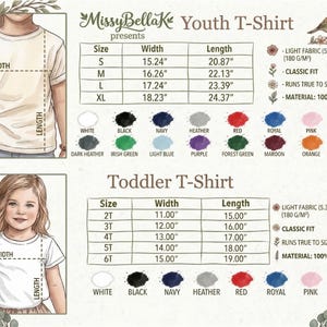 Op de afbeelding: Een maattabel voor MissyBellaK jeugd- en peuter-T-shirts. De tabel toont breedte- en lengtematen in cm voor de maten S tot XL en 2T tot 6T. Het bevat kleurstalen, een stofgewicht van 180 g/m2 en details over het materiaal.