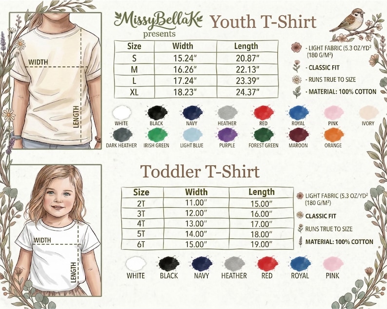 Op de afbeelding: Een maattabel voor MissyBellaK jeugd- en peuter-T-shirts. De tabel toont breedte- en lengtematen in cm voor de maten S tot XL en 2T tot 6T. Het bevat kleurstalen, een stofgewicht van 180 g/m2 en details over het materiaal.