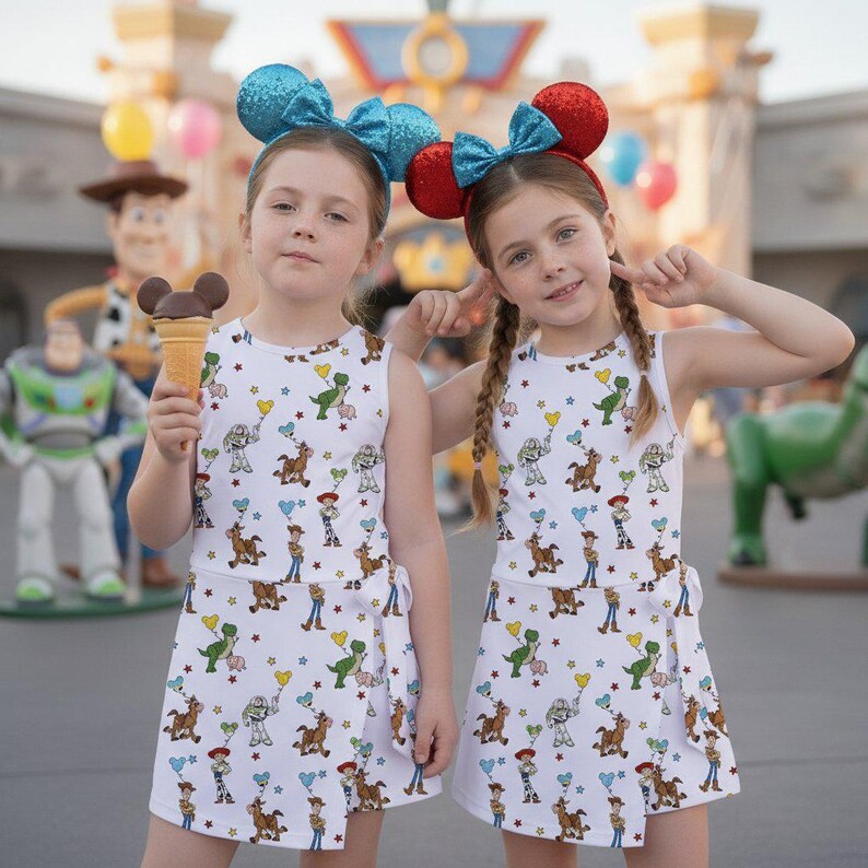 May include: Two sleeveless white dresses featuring an all-over print of Toy Story characters including Woody, Buzz Lightyear, and Rex holding balloons, with a wrap-style skirt detail and a side tie, worn with sequined blue and red mouse ear headbands.