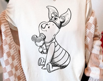 Classic Piglet Holding Mickey Ice Cream Shirt, Winnie the Pooh Mickey Ears Tee, Disneyland Trip T-shirt