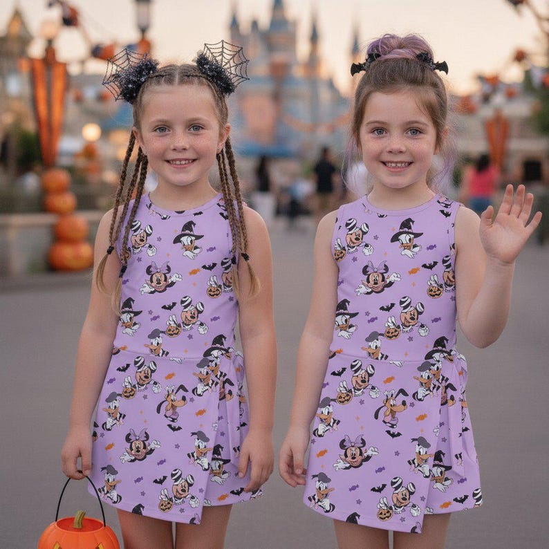 Może przedstawiać: Dwie bezrękawowe sukienki w kolorze lawendowym z halloweenowym nadrukiem przedstawiającym postacie z kresk&oacute;wek w kapeluszach czarownic, dynie i nietoperze. Sukienki mają kopertowy d&oacute;ł z wiązaniem z boku oraz okrągły dekolt.