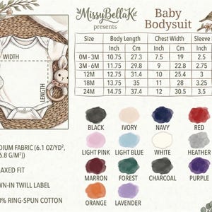 Op de afbeelding: Een maattabel voor babyrompertjes van MissyBellaK met een lijntekening van een rompertje met korte mouwen, een gedetailleerde maattabel in inches en centimeters, en een kleurenpalet met zwart, ivoor, marine, rood, roze, blauw, wit, heather, kastanjebruin, bosgroen, antraciet, paars, oranje en lavendel.