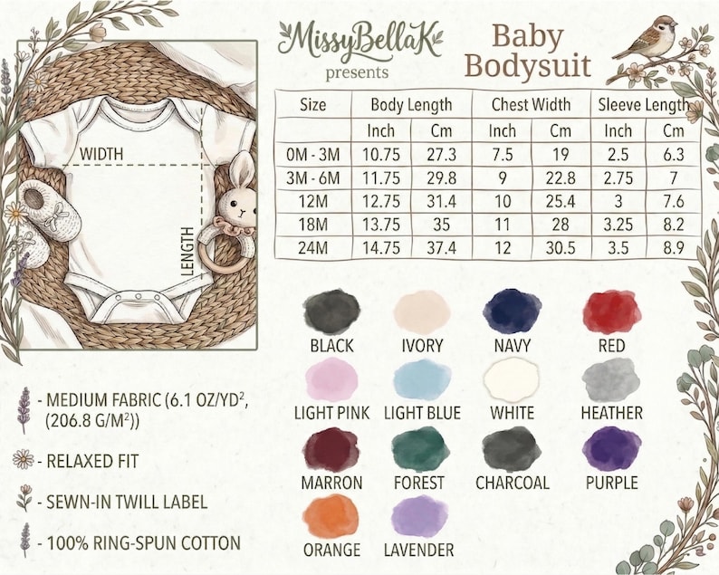 Op de afbeelding: Een maattabel voor babyrompertjes van MissyBellaK met een lijntekening van een rompertje met korte mouwen, een gedetailleerde maattabel in inches en centimeters, en een kleurenpalet met zwart, ivoor, marine, rood, roze, blauw, wit, heather, kastanjebruin, bosgroen, antraciet, paars, oranje en lavendel.