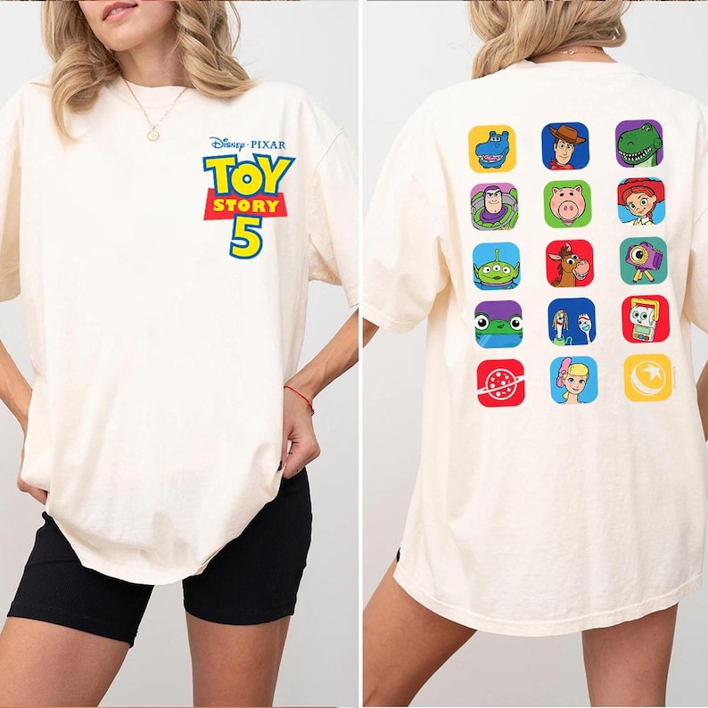 Two-Sided Toy Story 5 App Icons T-Shirt, Retro Woody Buzz Lightyear Tee image 1