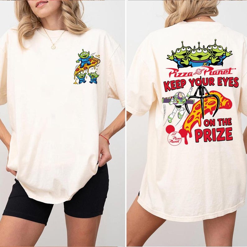 Two-sided Disney Toy Story Alien Buzz Lightyear Shirt, Pizza Planet Keep Your Eyes on the Prize Tee, Disney World Trip Outfit bild 2