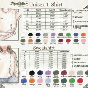 Op de afbeelding: Een maattabel voor een unisex t-shirt en sweatshirt met illustraties van elk kledingstuk met aanduidingen voor breedte, lengte en mouwlengte. De tabel bevat maten van S tot 5XL, kleurstalen en informatie over de stofsamenstelling.