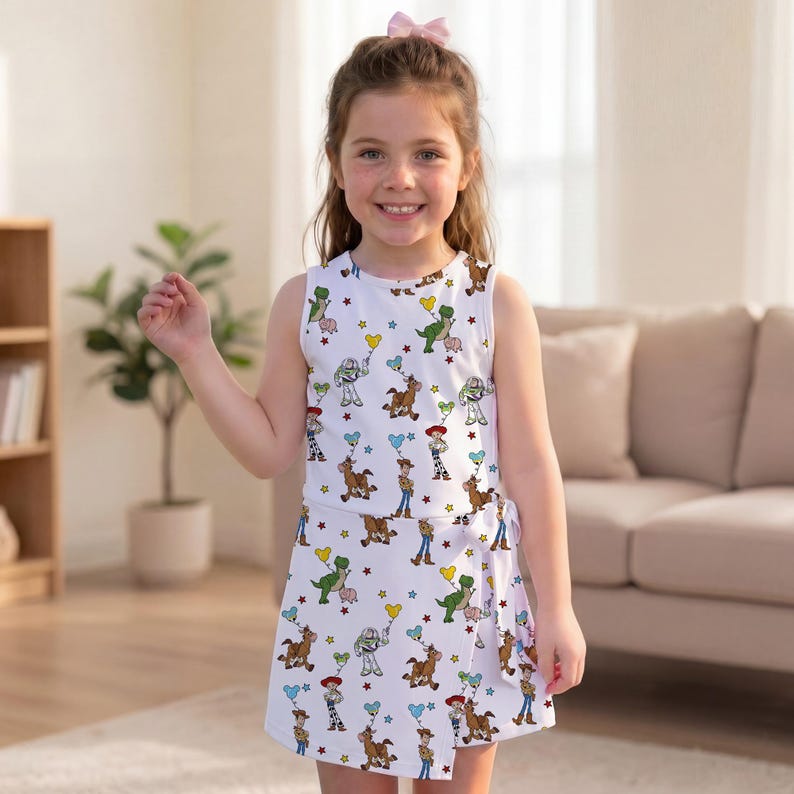 May include: A white sleeveless dress featuring an all-over print of Toy Story characters including Woody, Buzz Lightyear, Rex, and Bullseye holding colourful balloons, accented with small red stars and a side tie detail at the waist.