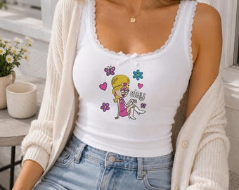 Slay Cartoon Embroidered Tank Top, Y2K Coquette Ribbed Cami Shirt