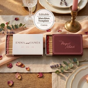 Puede incluir: Dos cajas de cerillas abiertas con cerillas de punta roja. Una caja es blanca con los nombres "EMMA and JAMES" y la fecha "15.04.26". La otra caja es de color burdeos con el texto "The Perfect Match".