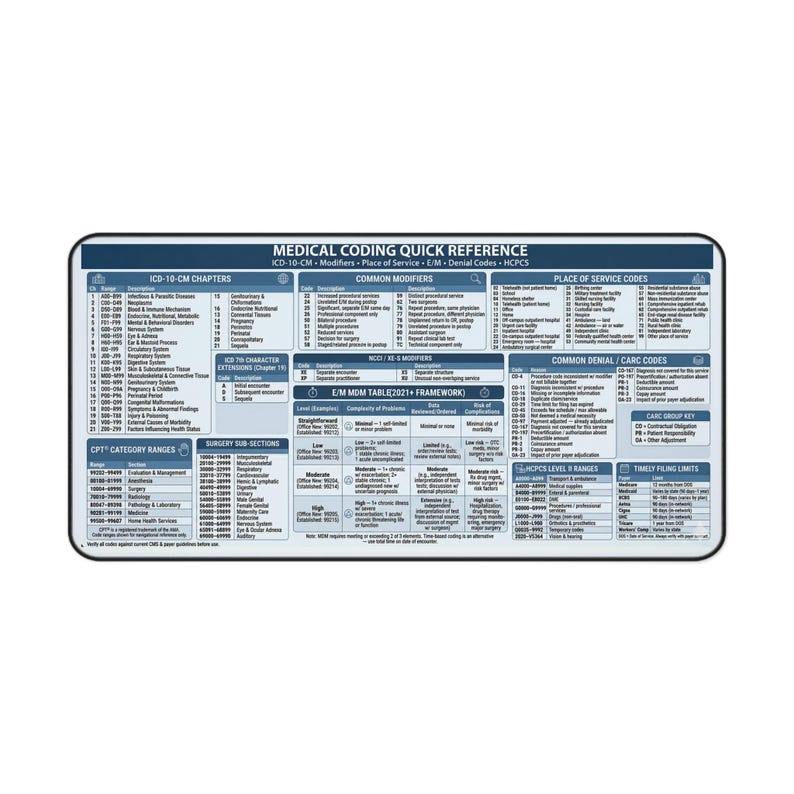 Medical Coding Quick Reference Desk Mat | ICD-10 CPT HCPCS Cheat Sheet ...