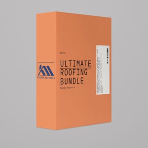 Puede incluir: Caja naranja con el texto "ULTIMATE ROOFING BUNDLE" y un logotipo para "Roofer Resource".