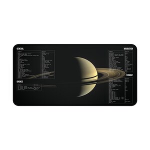 以下が含まれることがあります： 黒と白のコンピューター画面で、暗い背景に土星の環のある土星の大きな画像が表示されています。画面には、コードのような形式で「一般」、「ドローン」、「ナビゲーション」、「戦闘」などの見出しが付けられたテキストが表示されています。