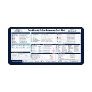 以下が含まれることがあります： 「QuickBooks Online Reference Desk Mat」のテキストが入った、濃い青色の縁取りのある長方形のデスクマット。会計の数式、ショートカット、勘定科目内訳書のチートシートのチャートとリストが含まれています。