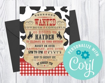Editable Cowboy Themed Western Birthday Invitation digital file - Printable Invite, Customized Party Invitation, Downloadable File