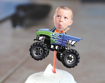 Monster Truck Racer (Green and Blue) Photo Face Cupcake Toppers - Digital File