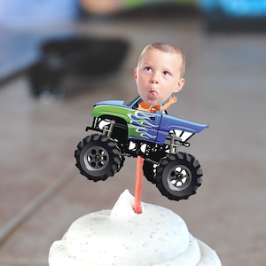 Monster Truck Racer (Green and Blue) Photo Face Cupcake Toppers - Digital File
