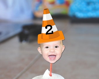 Traffic Cone Construction Birthday Party Photo Face Cupcake Topper - Digital File