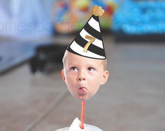 Birthday Hat Photo Face Cupcake Toppers Digital File - Color Coordinated with your Party Scheme