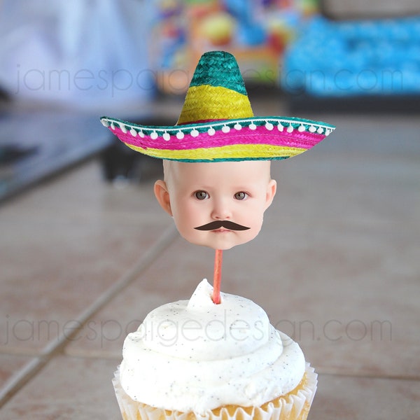 Kleurrijke Sombrero Hat Fiesta Photo Face Cupcake Toppers - afdrukbaar bestand