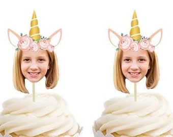 Unicorn Photo Face Birthday Cupcake Toppers - Digital File