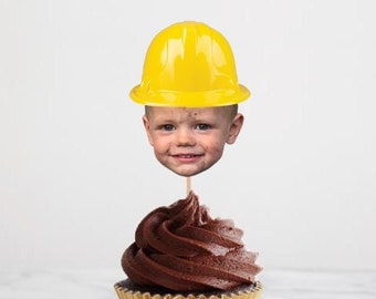 Hard Hat Construction Birthday Party Photo Face Cupcake Topper - Digital File