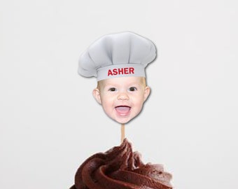 Personalized Chef Hat Baker Photo Cupcake Toppers - Digital File