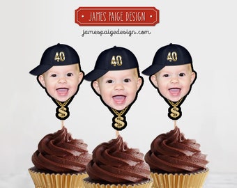 Rapper Side Hat Gold Chain Funny Face Photo Birthday Cupcake Toppers - Digital File