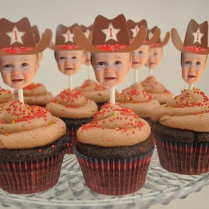 Cowboy Cowgirl Photo Face Cupcake Toppers (Digital File) - Custom Colors Available