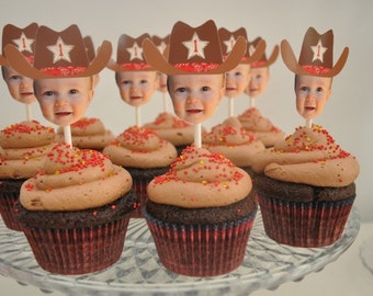 Cowboy Cowgirl Photo Face Cupcake Toppers (Digital File) - Custom Colors Available