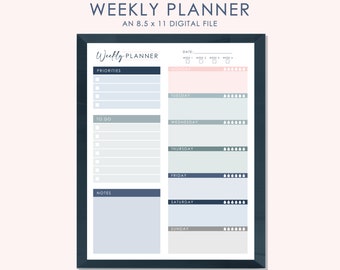 Downloadable 8.5x11 Weekly Planner and To Do List, Undated Weekly Digital Organizer, Downloadable and Printable