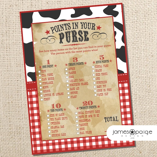 INSTANT DOWNLOAD: Cowboy Western Themed Baby Shower Game - Points in Your Purse