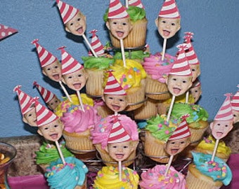 Birthday Hat Photo Face Cupcake Toppers Digital File - Color Coordinated with your Party Scheme