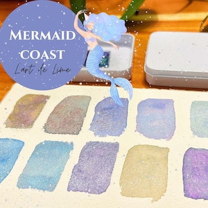 10 shimmering & granulating glitter watercolor | mermaid coast theme | Metal Pans - Travel Pans 0.3ml