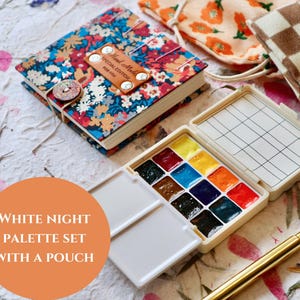 Travel Watercolor Bundle – White Nights Set + Best-Selling Brush + Cotton Notebook + Floral Pouch