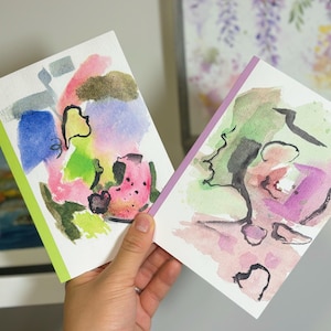 Set de cartes de voeux aquarelle artistique abstraite | Casse-tête violet et citron vert persistant | Oeuvre d'art originale et de niche | Blanc à l'intérieur| Impression artistique