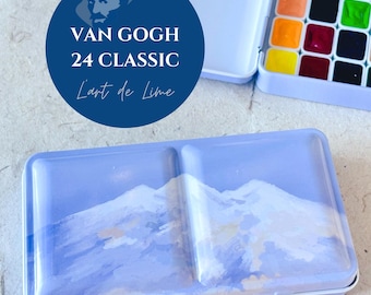 May include: A blue and white watercolor paint set with 24 colors. The set is labeled "Van Gogh 24 Classic L'art de Lime".