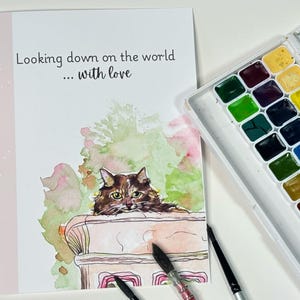 Chat regardant vers le bas | Aquarelle de carte de Noël faite main | Cadeau pour les amoureux des chats | Série Amis à fourrure | Blanc à l'intérieur